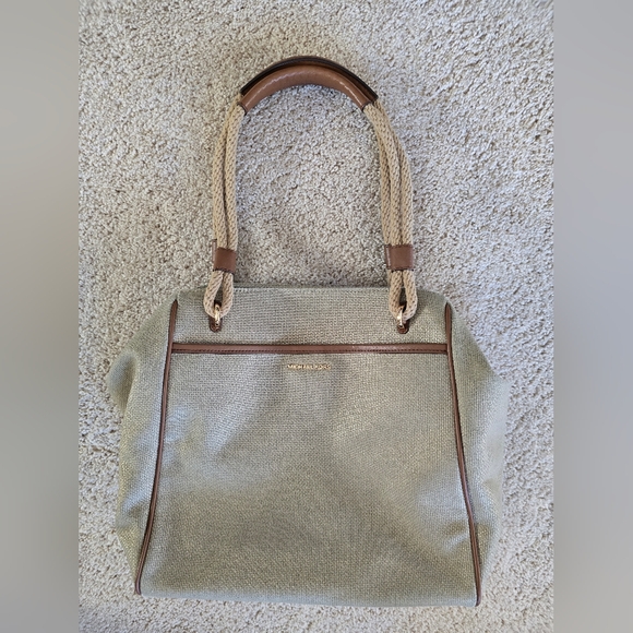 Michael Kors Handbags - Michael Kors Large Purse Beige With Slight Shimmer Rope Handle Canvas Handbag